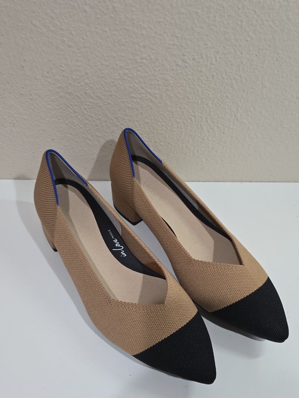 Rothy's Two-Tone Tan and Black Pointed Low Block Heel Pumps